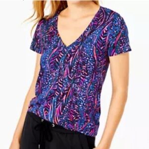 Lilly Pulitzer Etta V-Neck Top Blue Flare Always Pawsitive